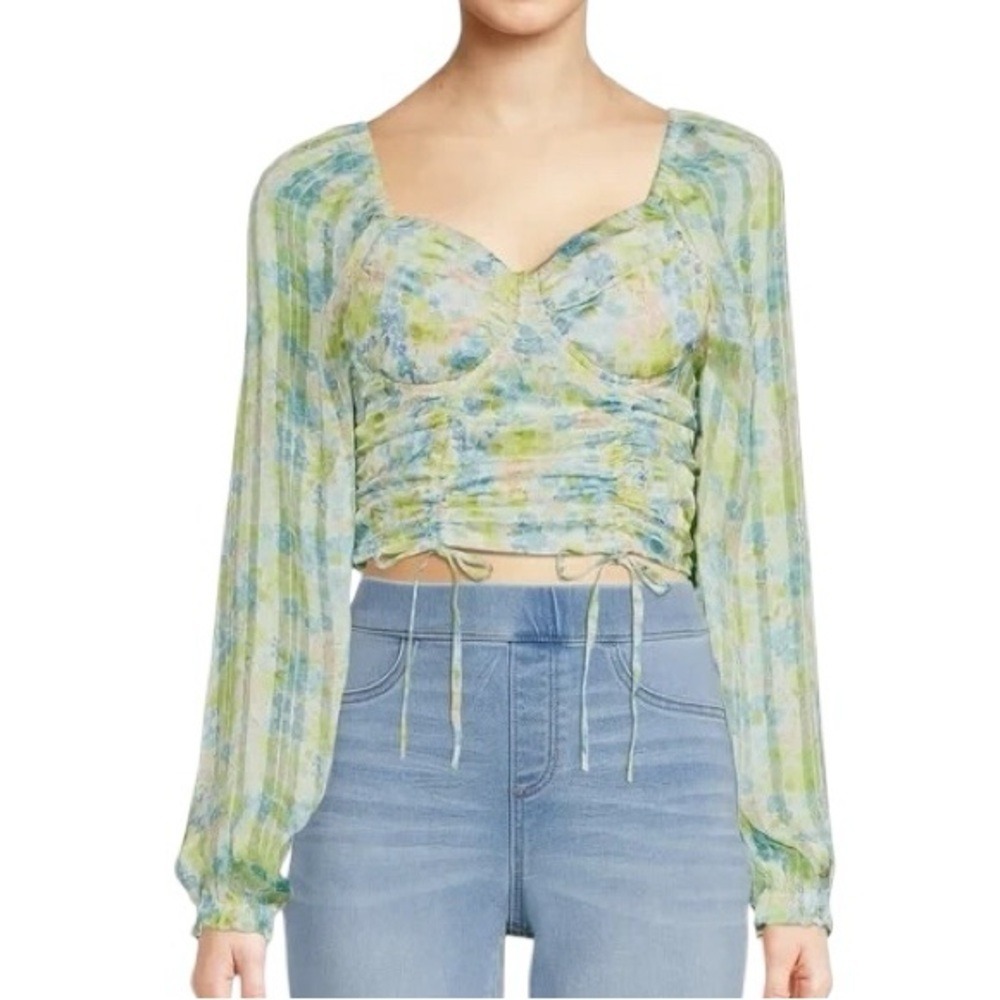 NWT Madden NYC Floral Print Ruched Crop Top Blue Green Cottagecore Size XXL